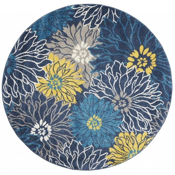 Homeroots 5 ft. Round Blue Tropical Flower Area Rug 385404 - main